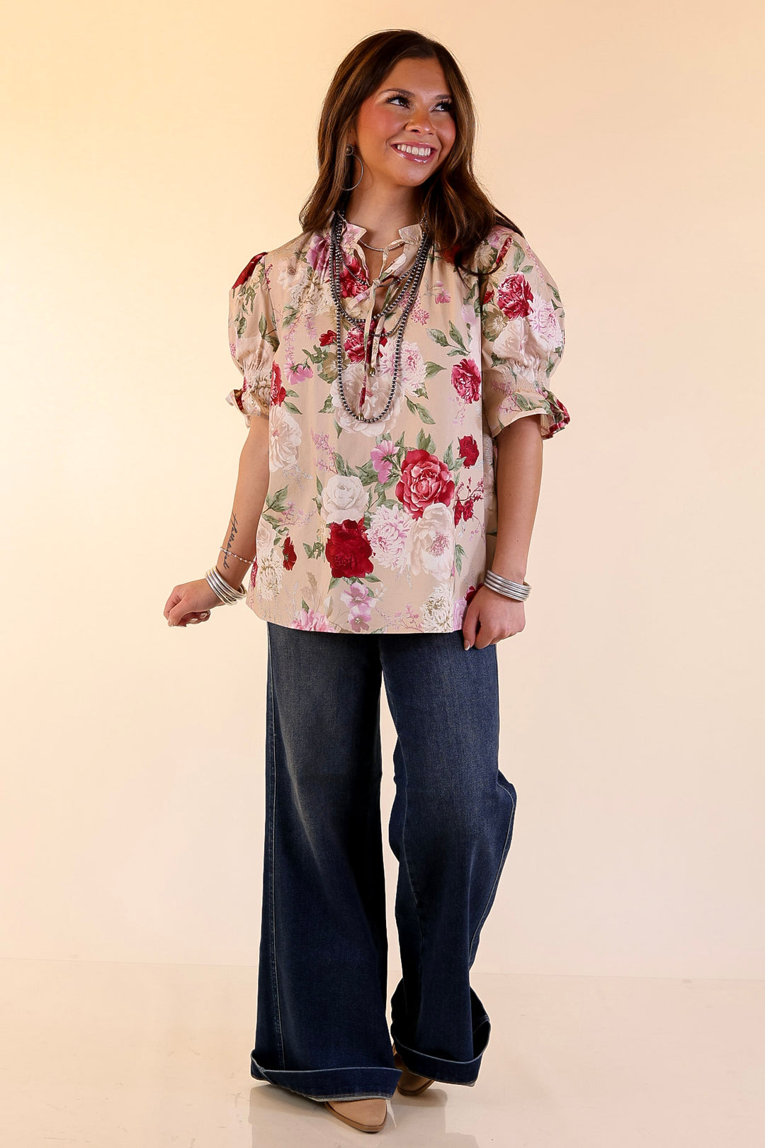 Freshly Picked Floral Print Top with Short Puff Sleeves in Beige