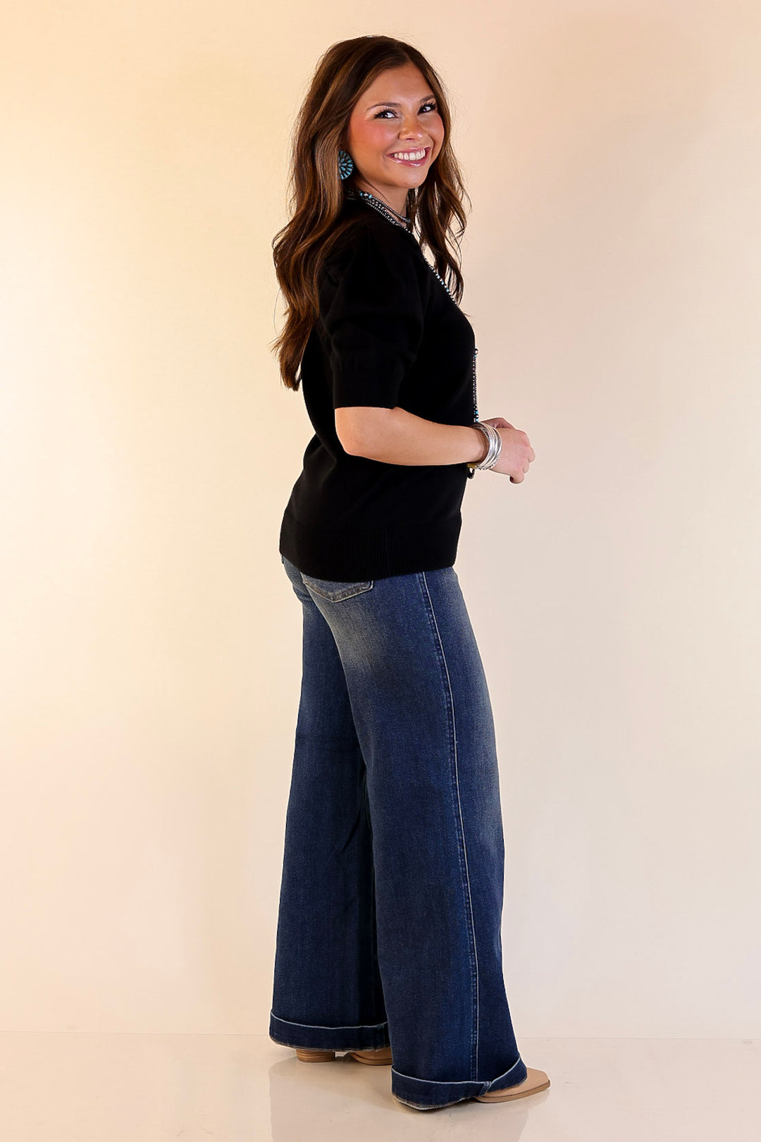 Sweet Sophistication Puff Short Sleeve Knit Sweater with Scoop Neck in Black