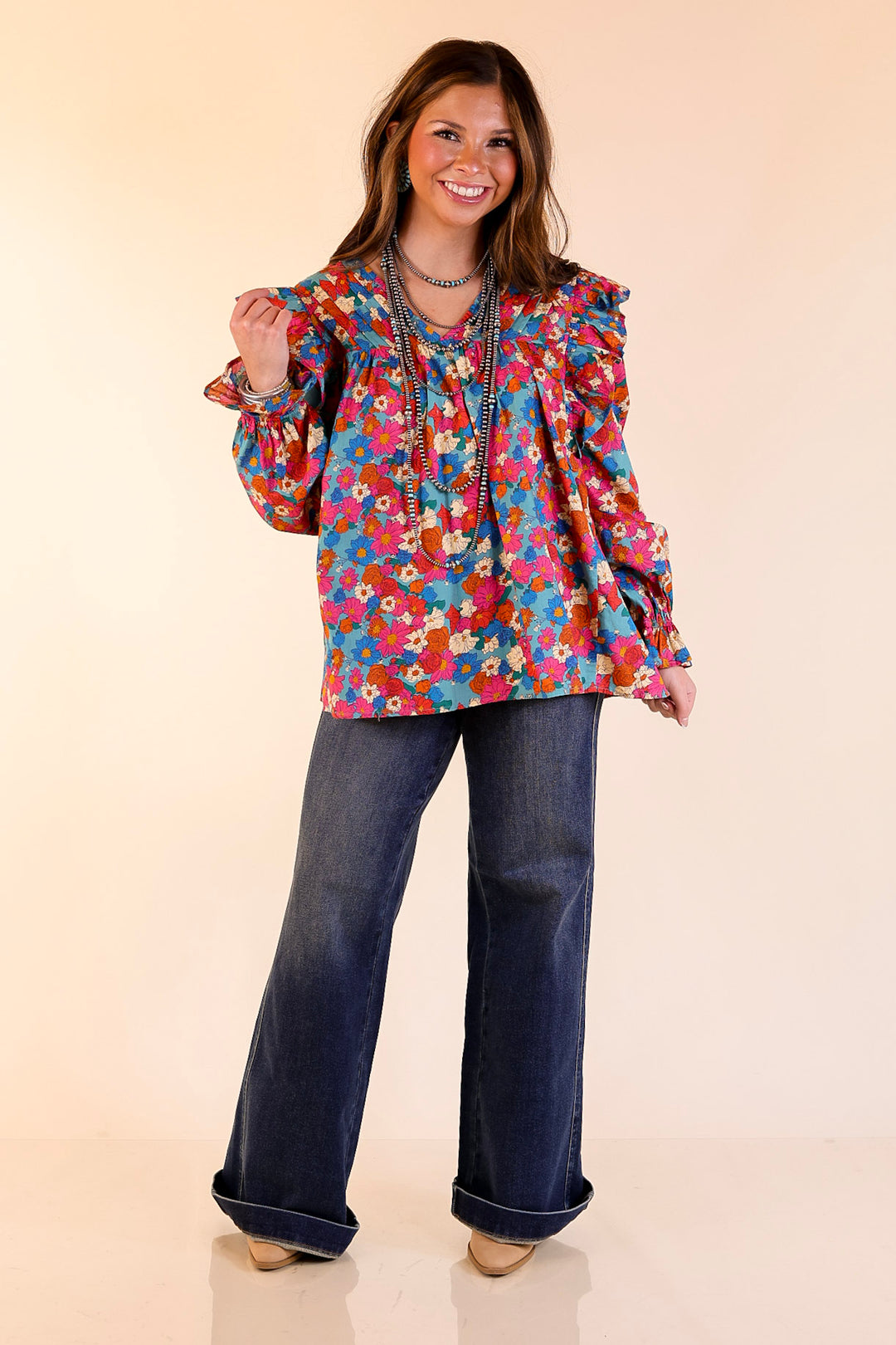 Coffee Perks Floral Ruffle Detail Long Sleeve Top in Turquoise Blue