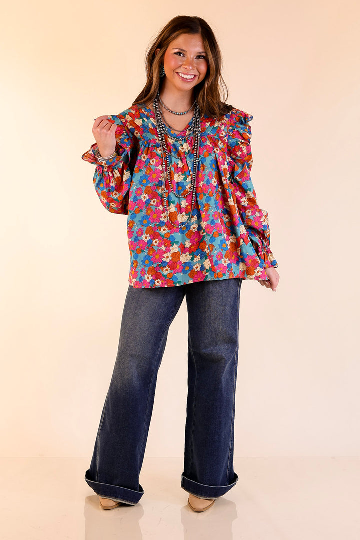 Coffee Perks Floral Ruffle Detail Long Sleeve Top in Turquoise Blue