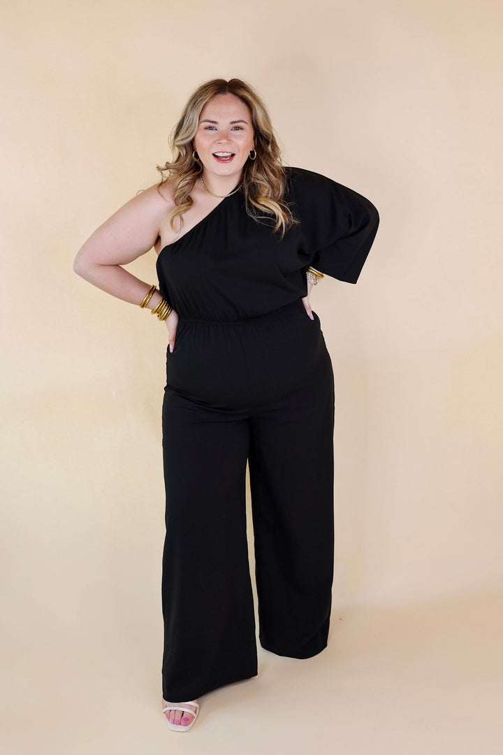 Ready To Wow One Shoulder Wide Leg Jumpsuit in Black - Giddy Up Glamour Boutique