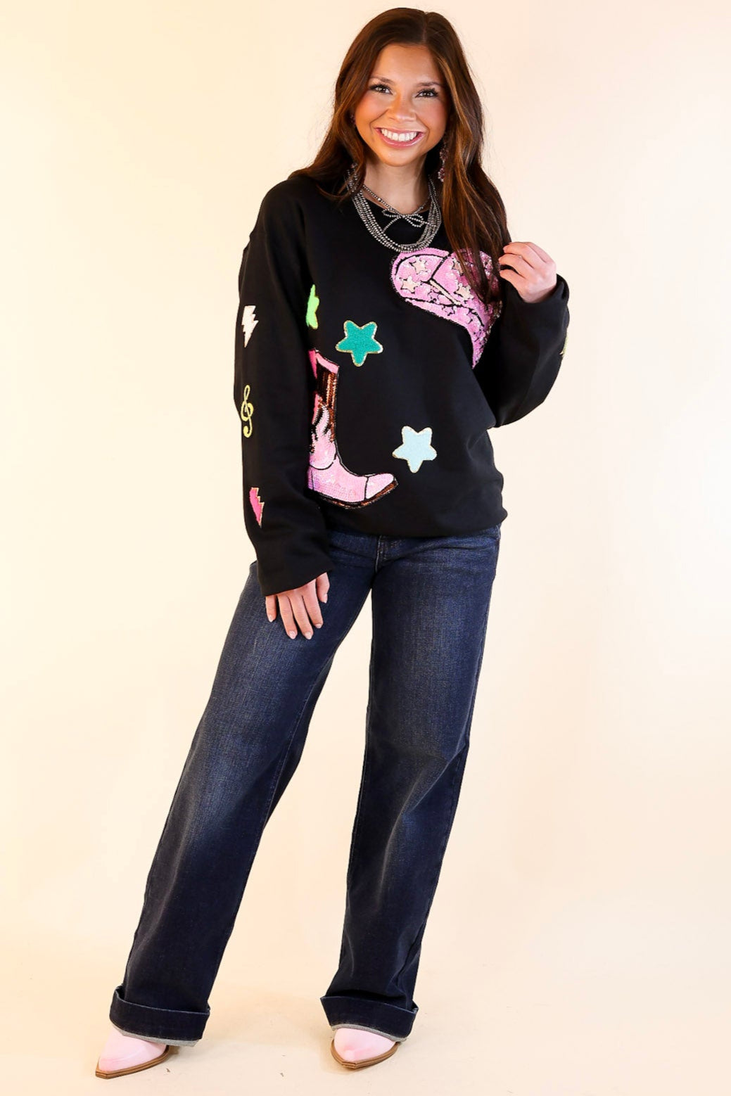 Nashville Lights Chenille and Sequin Patch Graphic Sweatshirt in Black