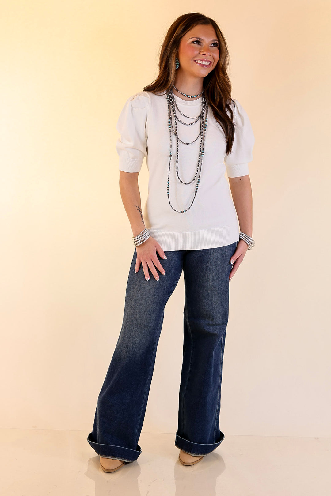 Sweet Sophistication Puff Short Sleeve Knit Sweater with Scoop Neck in Ivory