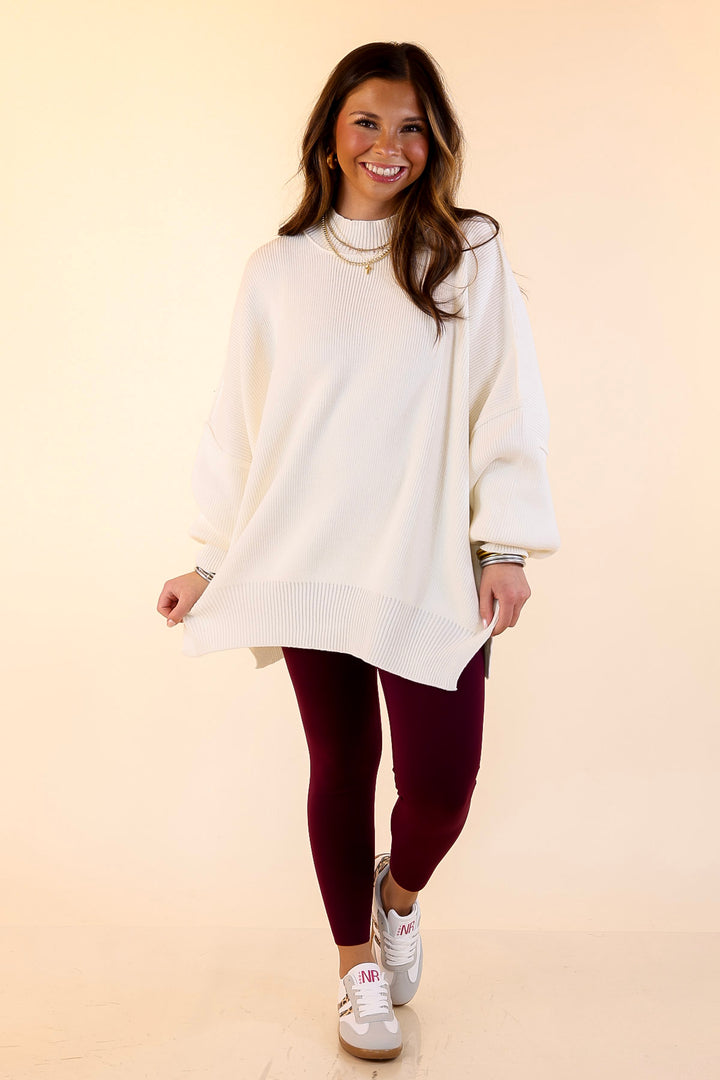 Snug and Stylish Mock Neck Sweater with Side Slit in Ivory