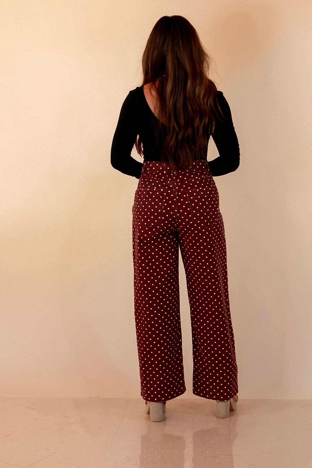 Rosy Outlook Polka Dot Print Wide Leg Denim Pants with Front Seam and Pockets in Maroon