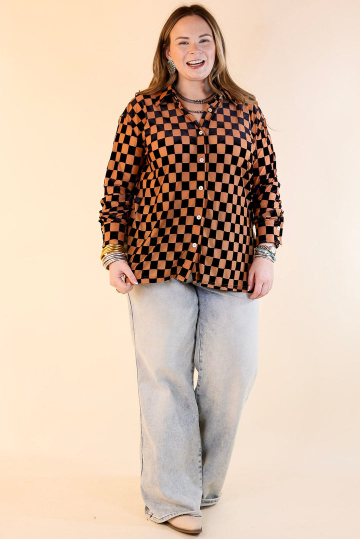 Style Icon Checkered Velvet Button Up Top in Black and Nude
