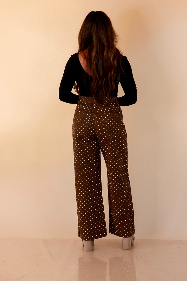 Rosy Outlook Polka Dot Print Wide Leg Denim Pants with Front Seam and Pockets in Chocolate Brown