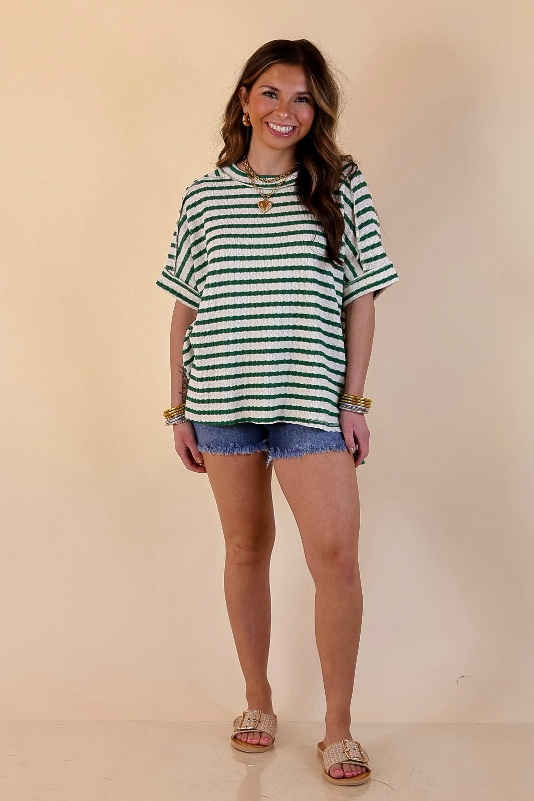 On The Daily Scoop Neck Short Sleeve Striped Textured Top in Kelly Green