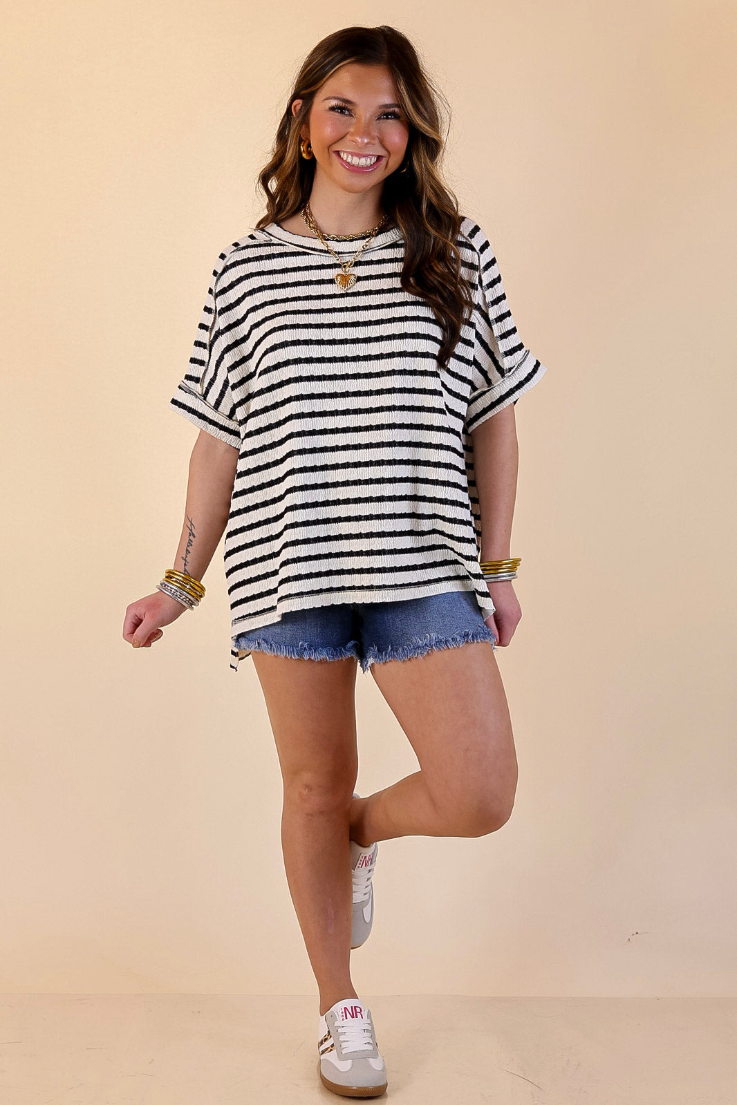 On The Daily Scoop Neck Short Sleeve Striped Textured Top in Black