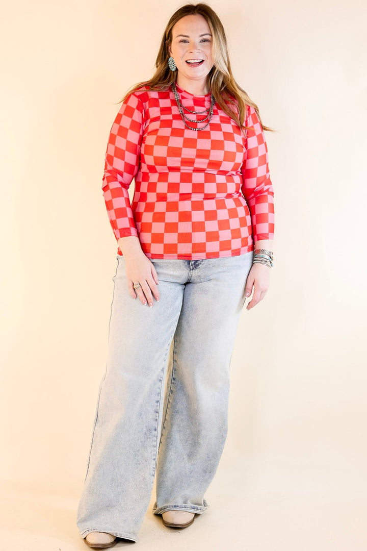 Western Dream Checkered Mesh Long Sleeve Top in Pink and Red