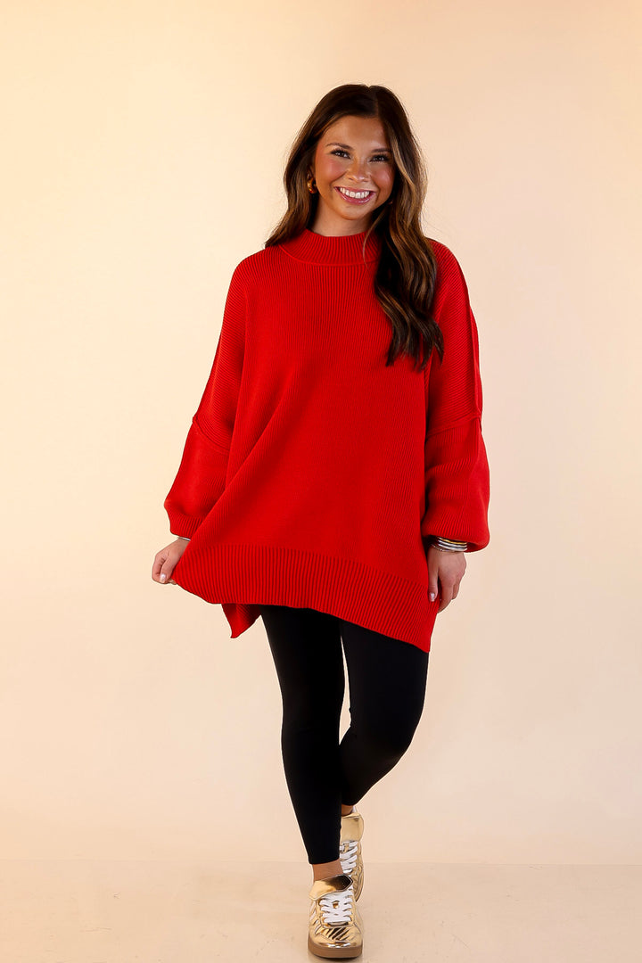 Snug and Stylish Mock Neck Sweater with Side Slit in Ruby Red