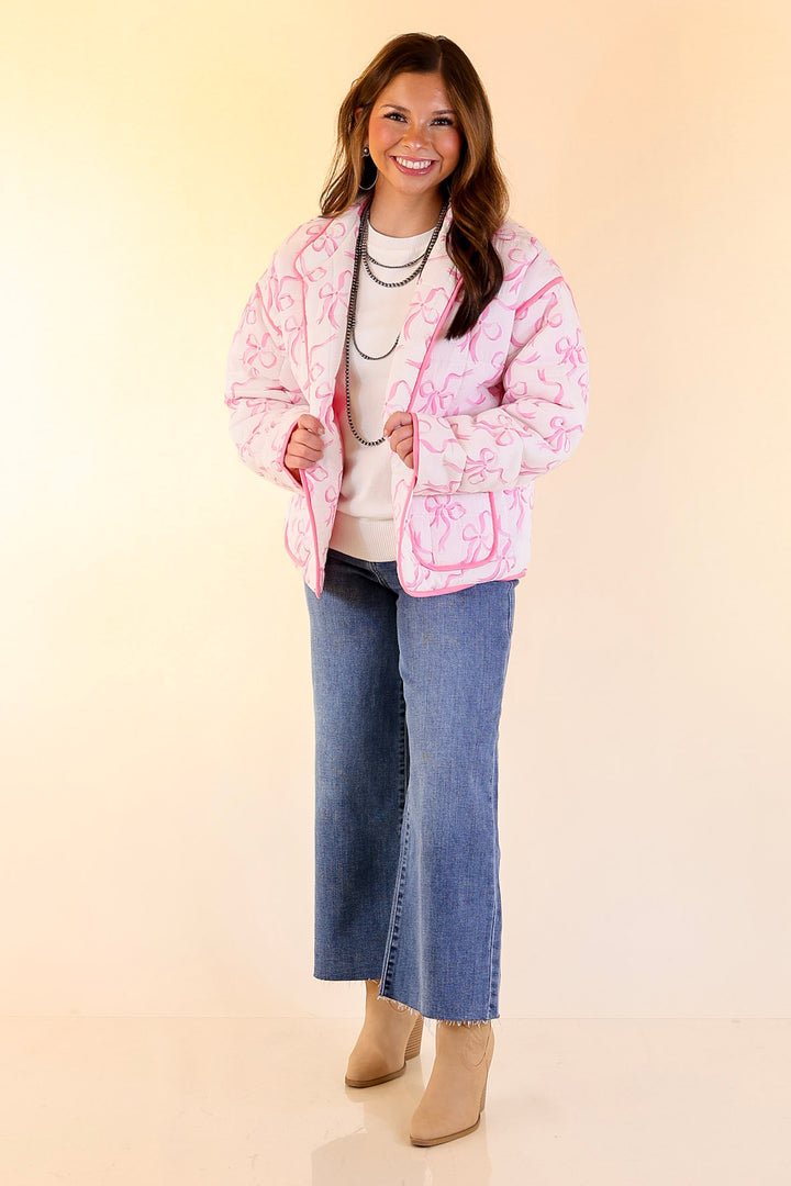 Mud Pie | Cher Quilted Jacket with Pink Bow Print and Pink Piping and Pockets in Off White