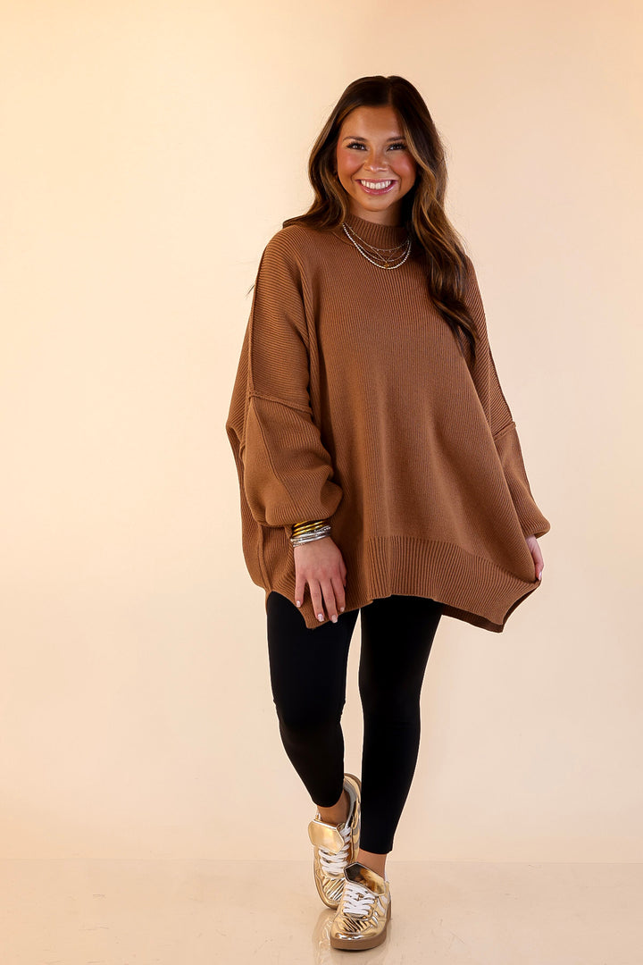 Snug and Stylish Mock Neck Sweater with Side Slit in Camel Brown