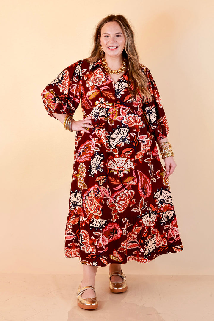 Season of Style Floral Print V Neck 3/4 Sleeve Collared Tiered Midi Dress in Maroon Multi
