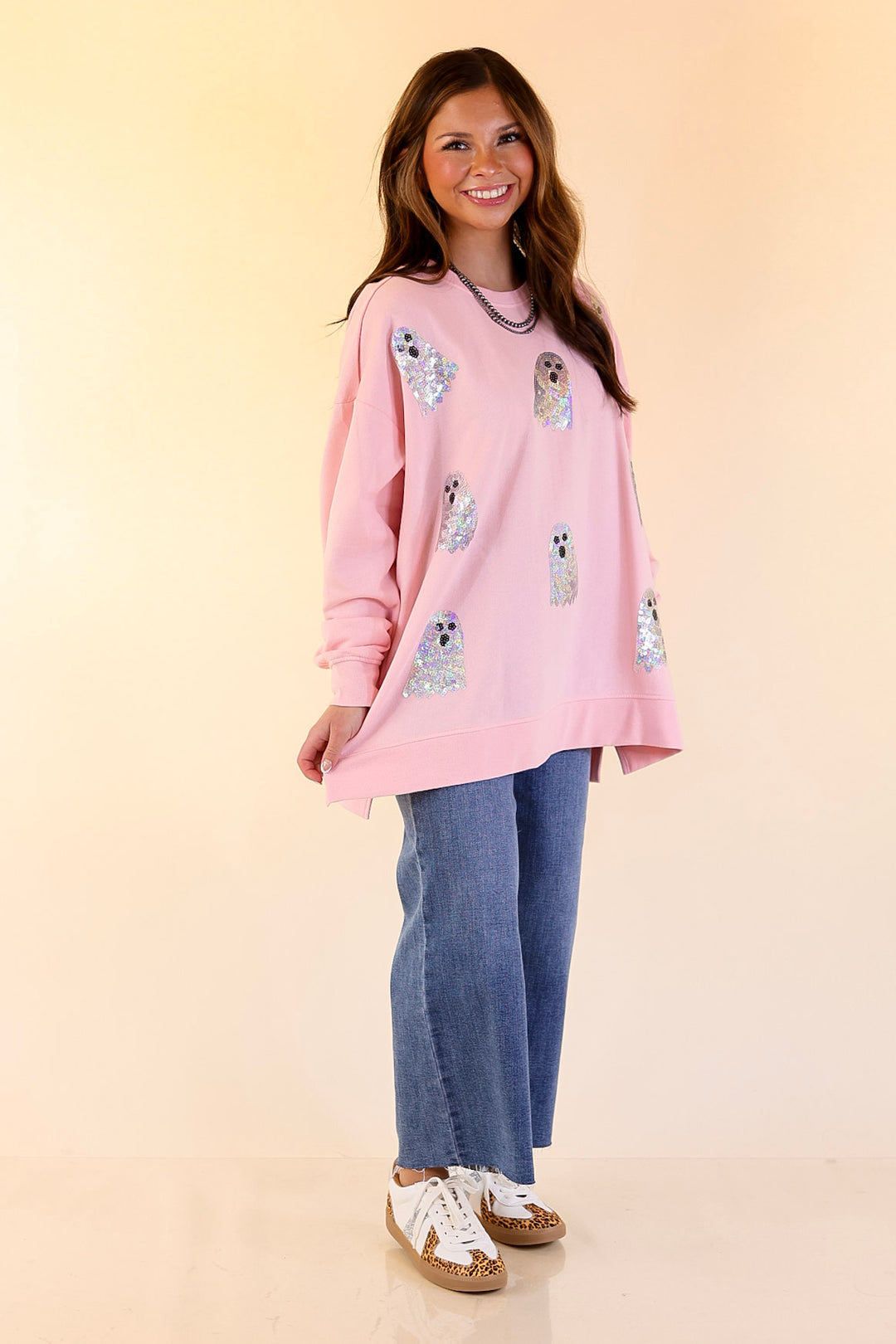 Mud Pie | Too Cute to Spook Crew Neck Sweatshirt with Side Slits and Sequin Ghosts in Pink