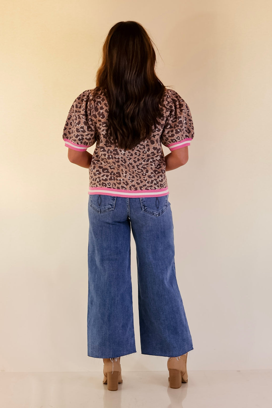 Feline Fine Leopard Print Short Sleeve Sweater with Contrast Trim in Pink