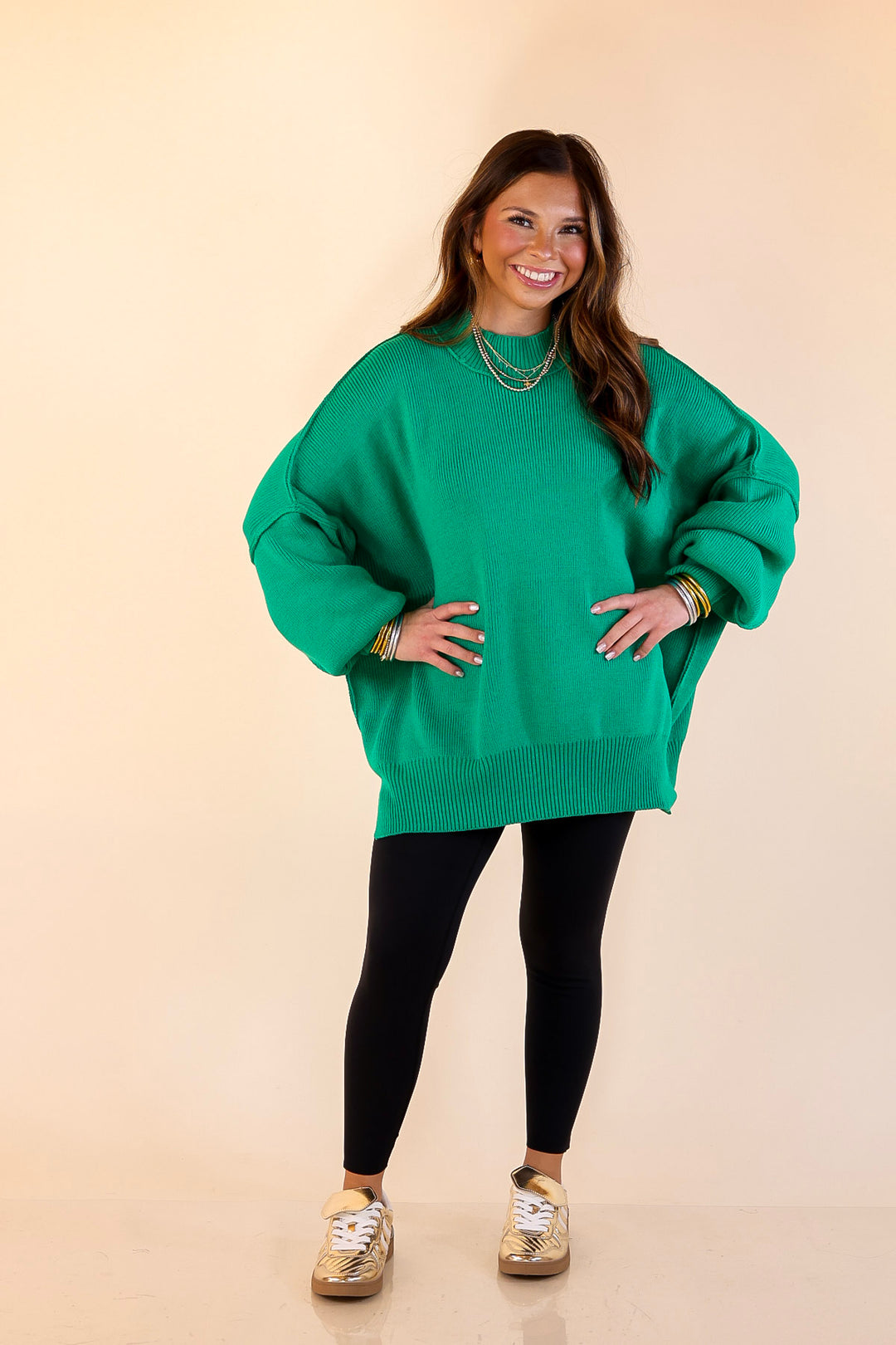 Snug and Stylish Mock Neck Sweater with Side Slit in Kelly Green