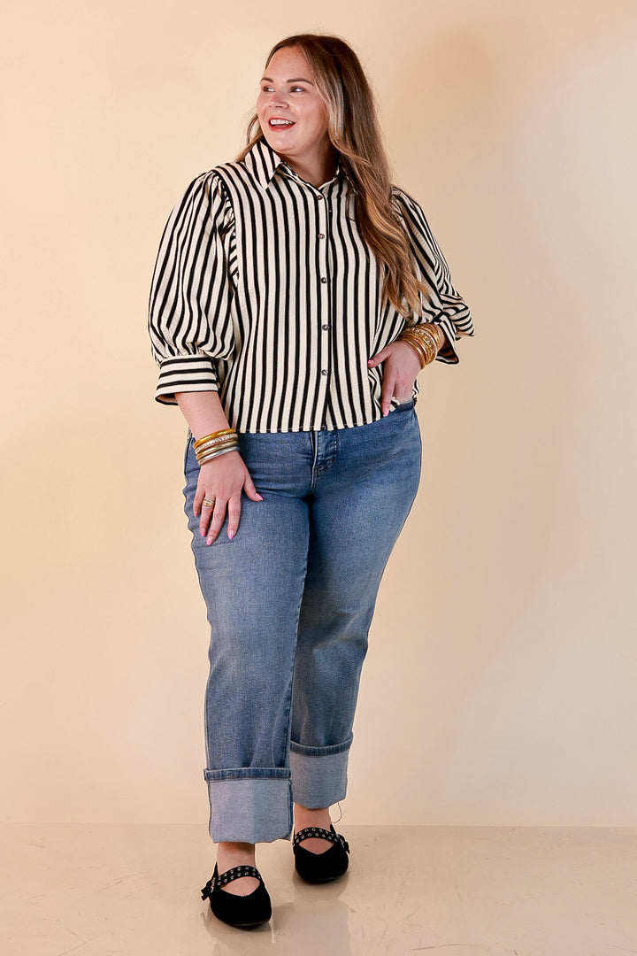 The Bold Type Striped 3/4 Sleeve Button-Up Top in Ivory with Black Stripes