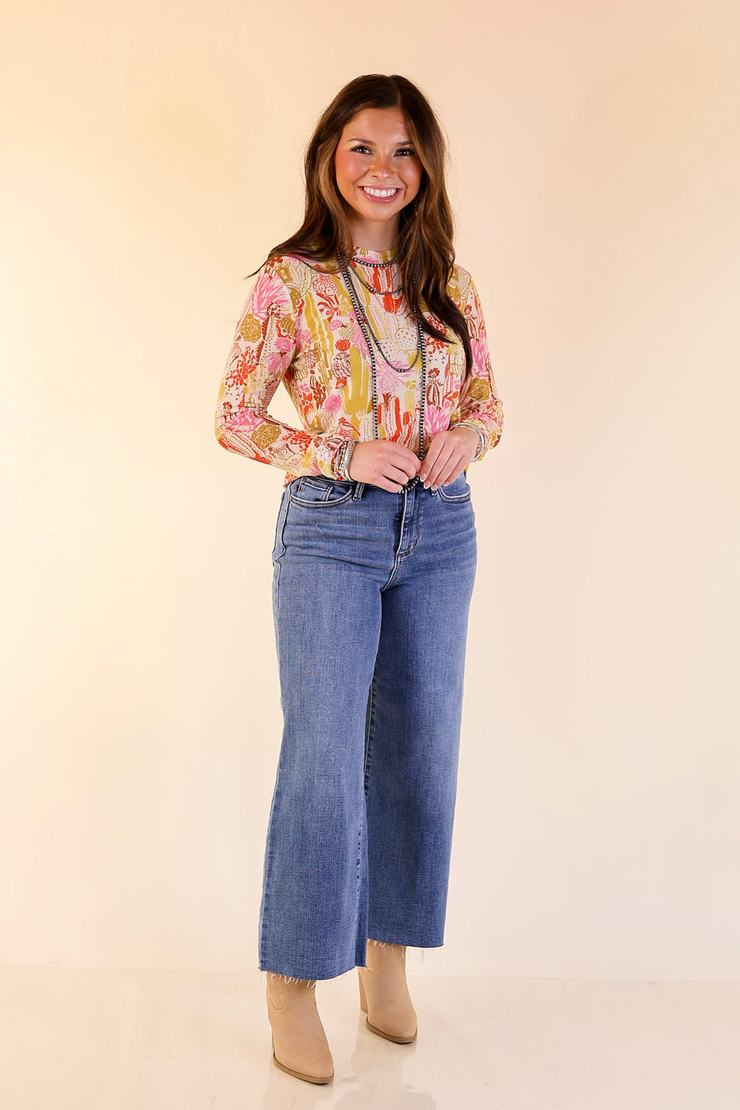 Western Dream Cacti Print Mesh Long Sleeve Top in Cream, Olive Green and Pink