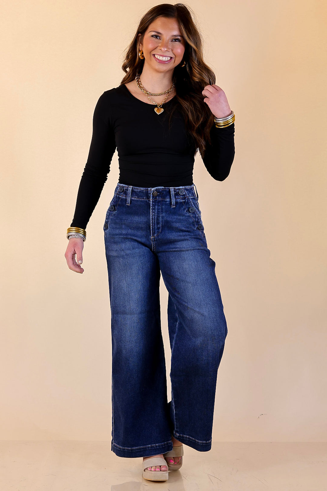 Risen | Steady Style Cropped Wide Leg Trouser Jean with Pocket Detailing in Dark Wash