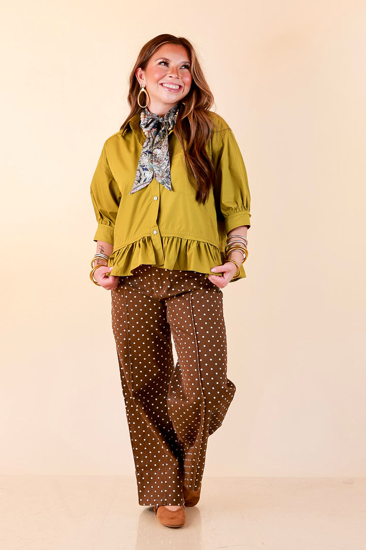 Style Agenda Solid Button Down Peplum Top in Chartreuse Olive Green