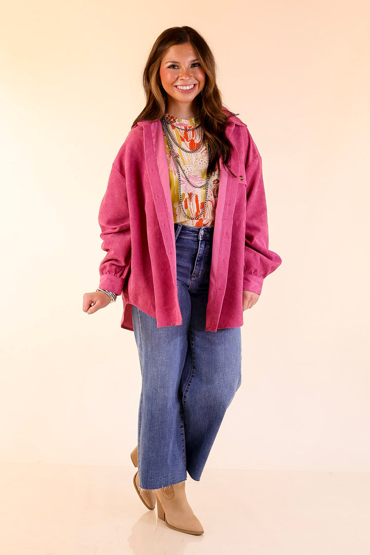 All Dolled Up Button Up Corduroy Shacket in Orchid Pink