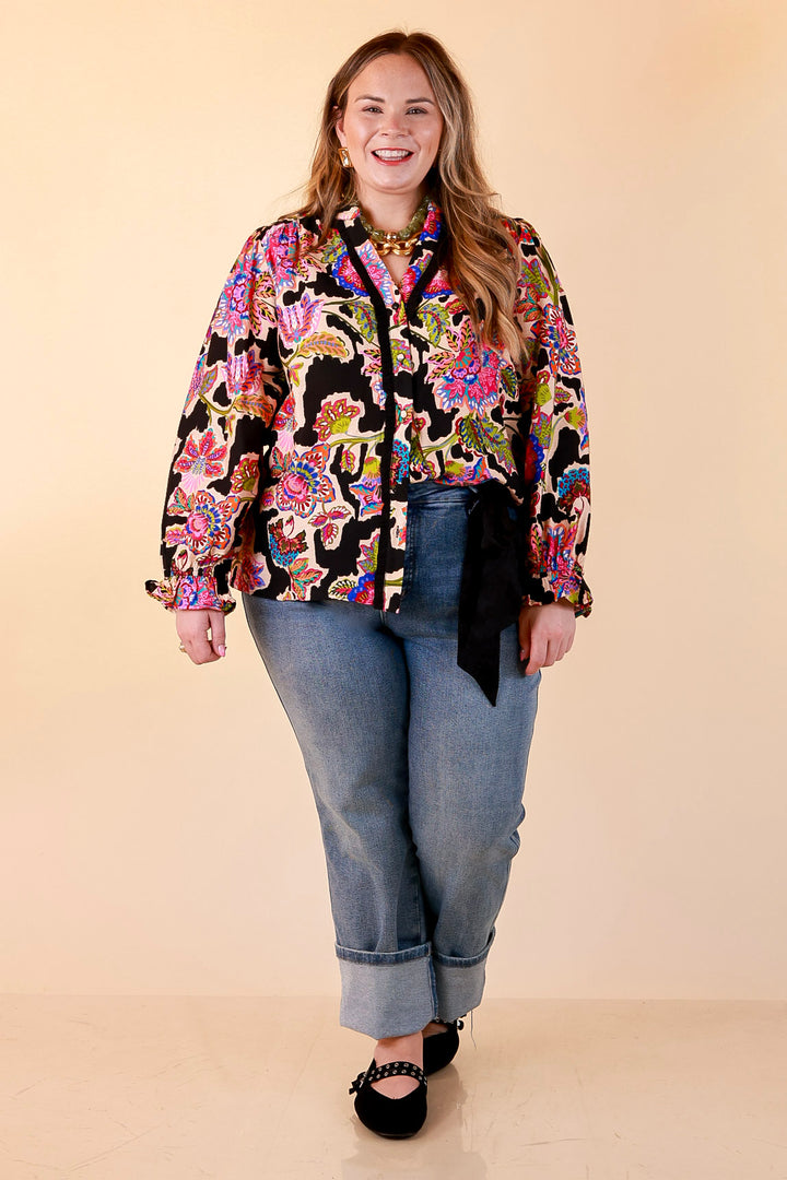 Petal Pop Floral Print Ruffle Front Button Up Long Sleeve Top with Balloon Sleeves in Black