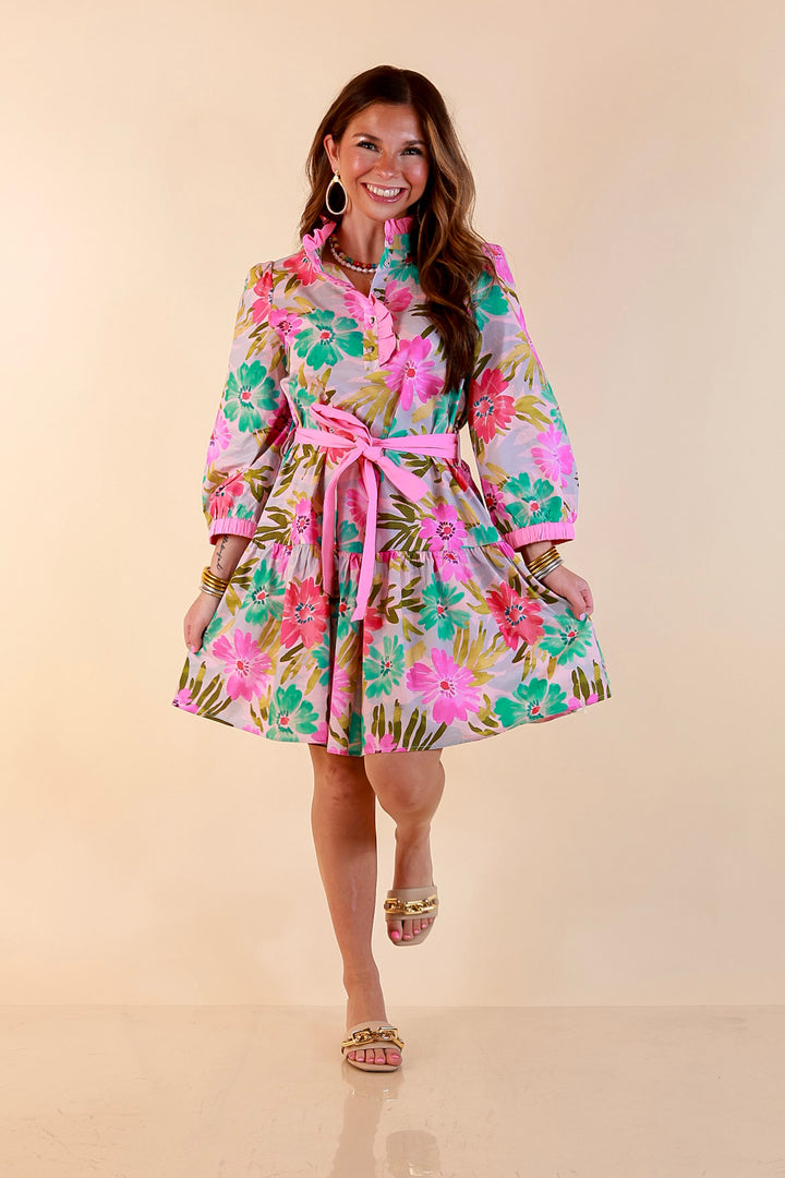 Petals and Promises Floral Print Ruffle Collar Tie Waist Tiered Dress in Pink and Mint