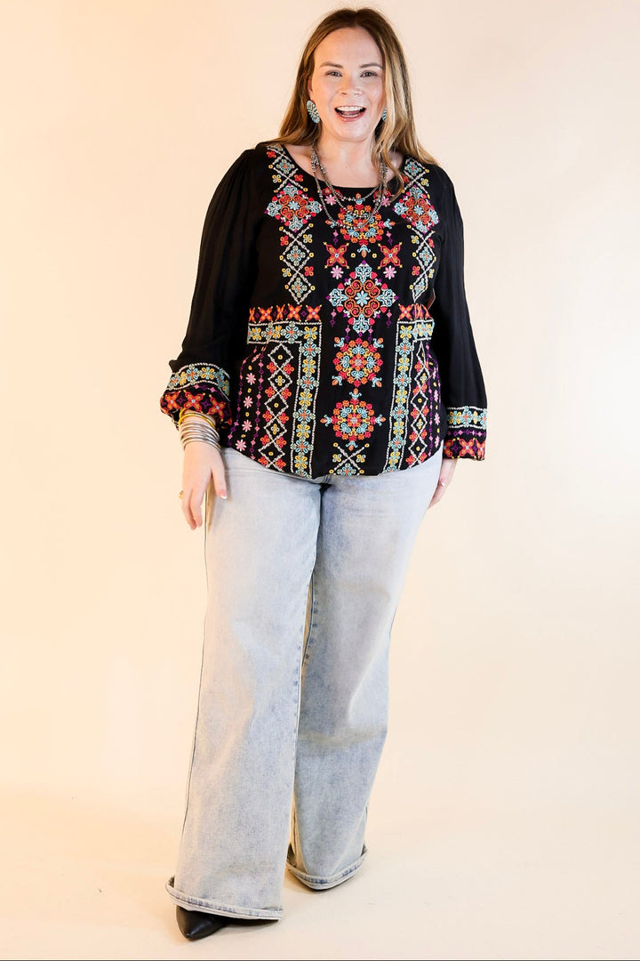 Wake Up Call Embroidered Long Sleeve Top in Black