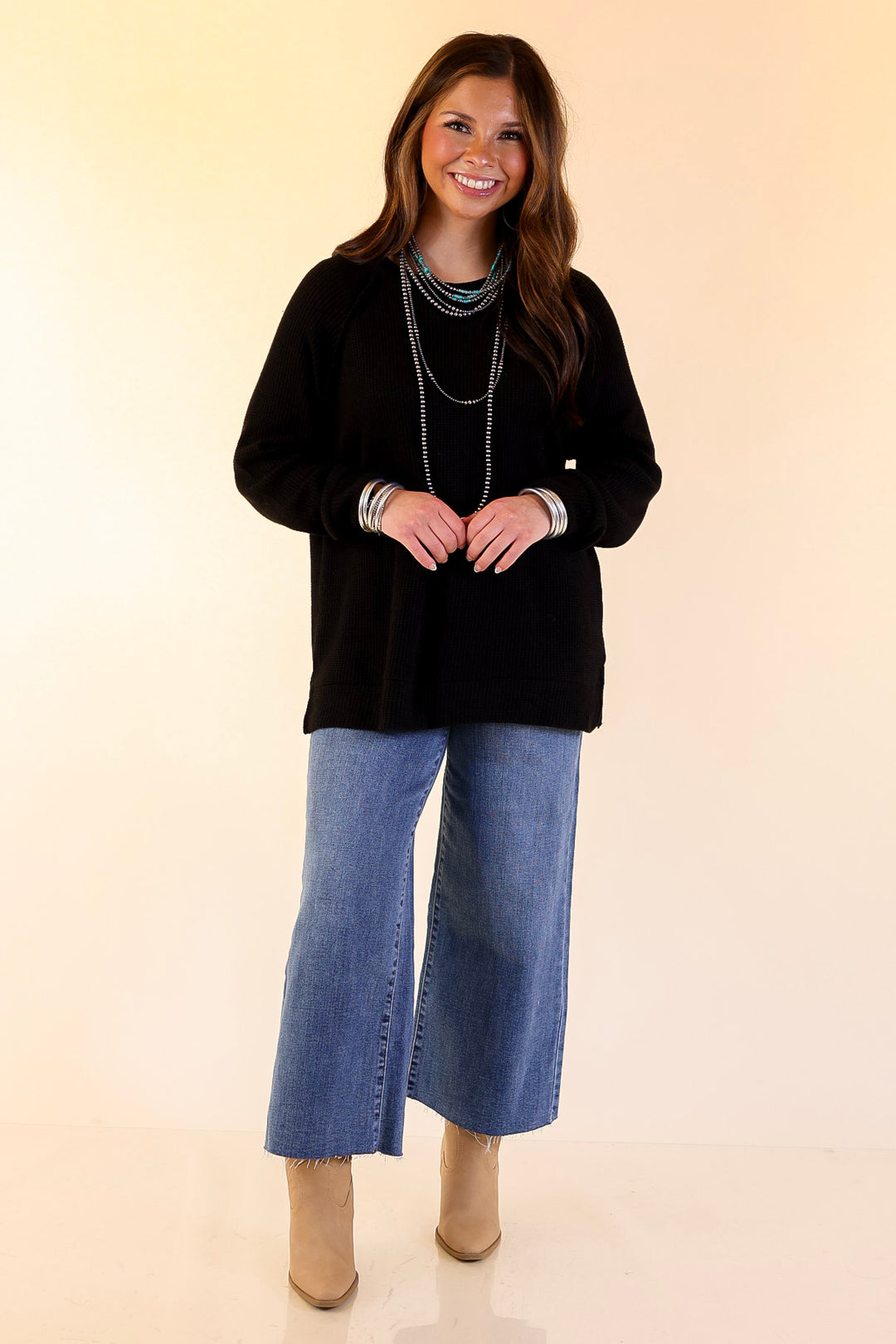 Essentially Chic Waffle Knit Long Sleeve Scoop Neck Top in Black