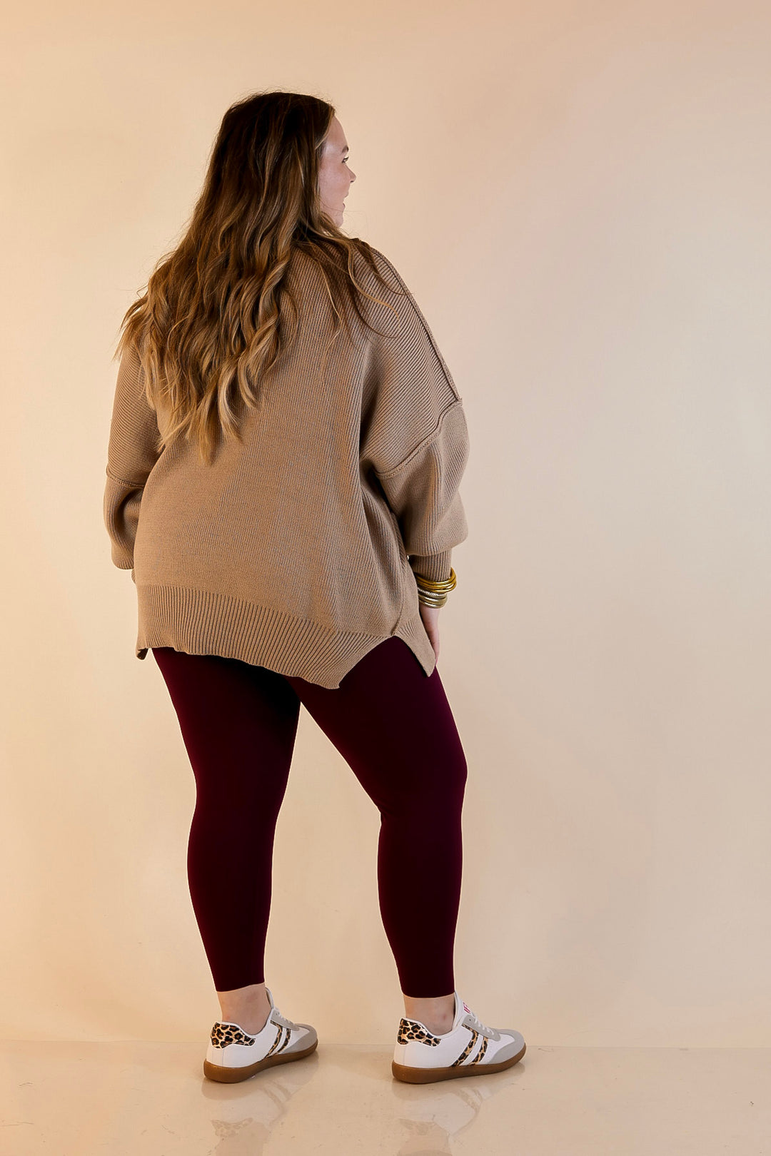 Snug and Stylish Mock Neck Sweater with Side Slit in Light Mocha Brown