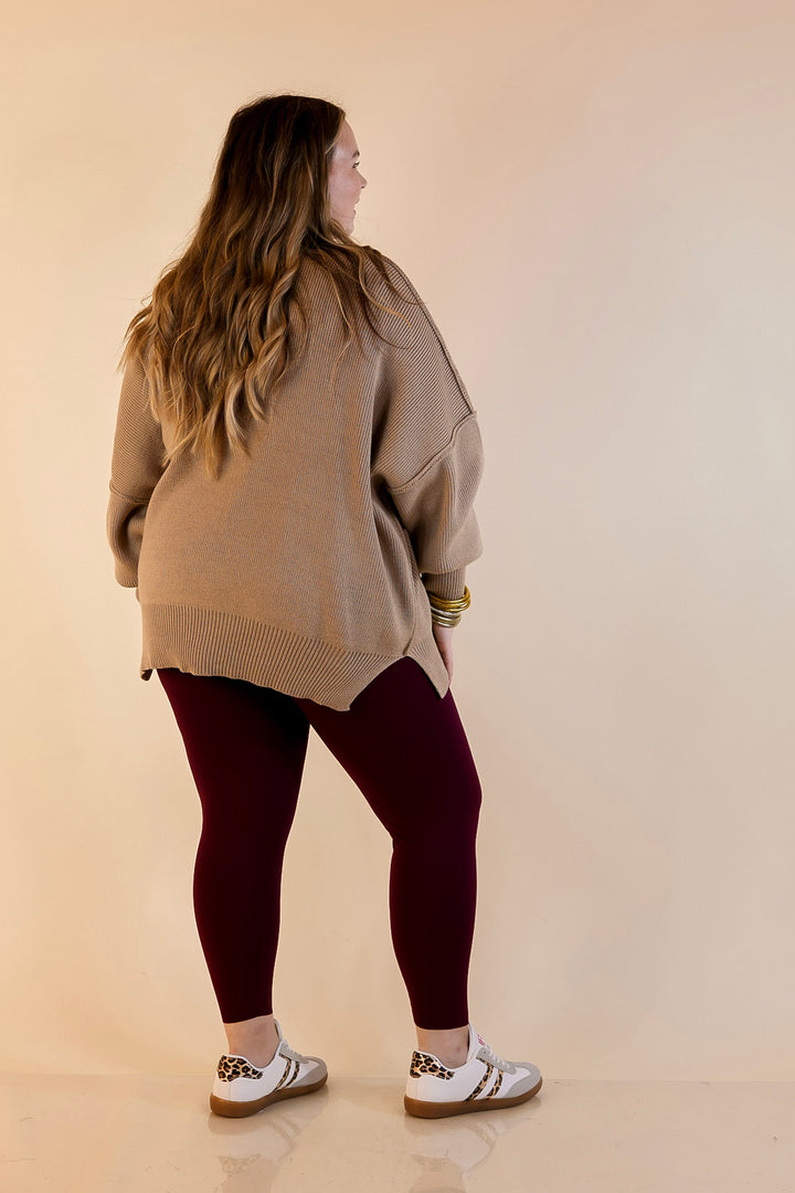 Snug and Stylish Mock Neck Sweater with Side Slit in Light Mocha Brown