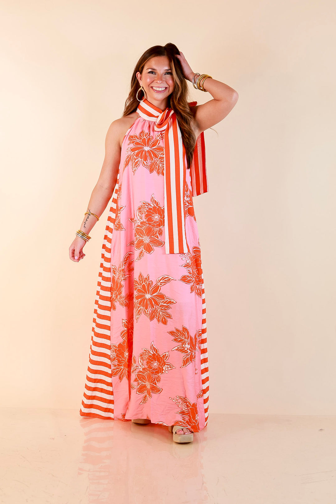 Meet Me in Palm Beach Floral Print Halter Maxi Dress with Adjustable Bow Tie Neck in Pink and Orange