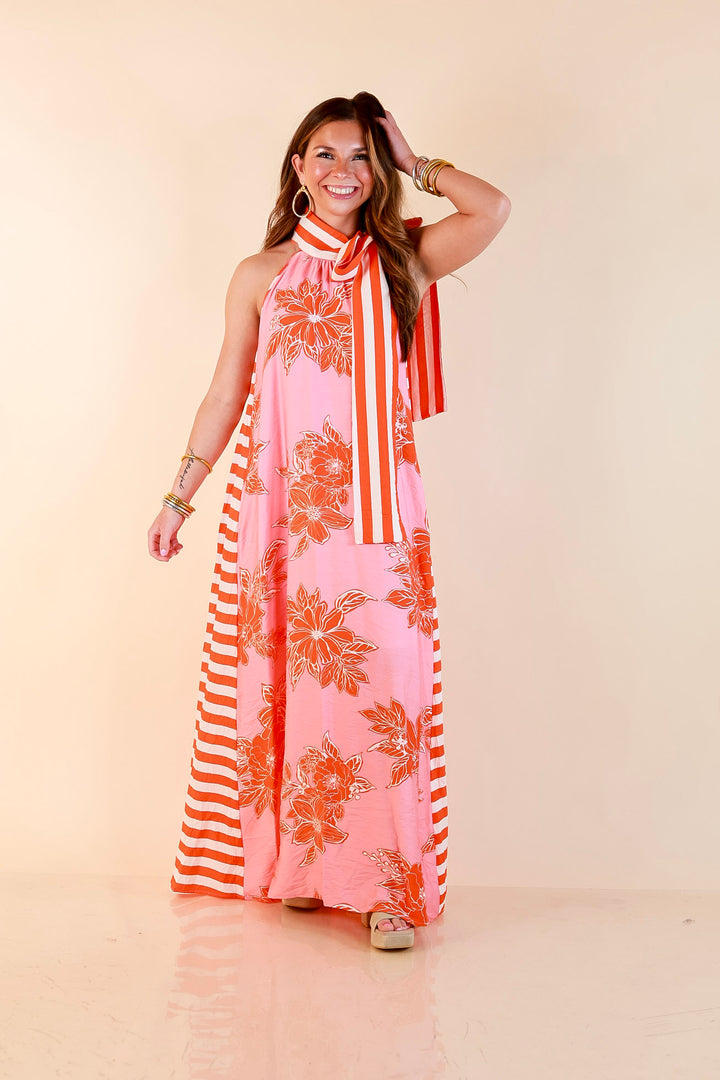 Meet Me in Palm Beach Floral Print Halter Maxi Dress with Adjustable Bow Tie Neck in Pink and Orange