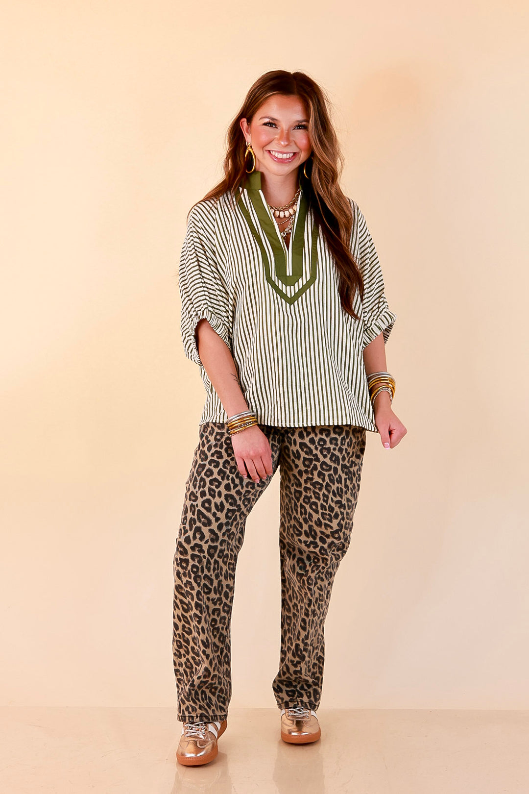 Naturally Stylish Stripe Top with Contrast Stripe Trim and Short Dolman Sleeves in Olive Green