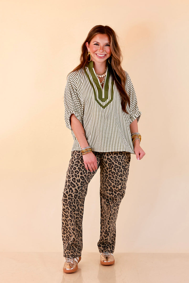 Naturally Stylish Stripe Top with Contrast Stripe Trim and Short Dolman Sleeves in Olive Green