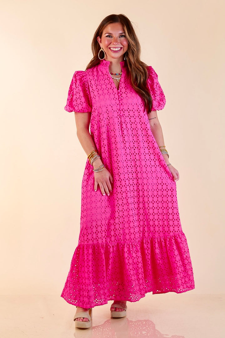 Meet Me at Sunset Eyelet Lace Puff Sleeve Tiered Maxi Dress in Hot Pink