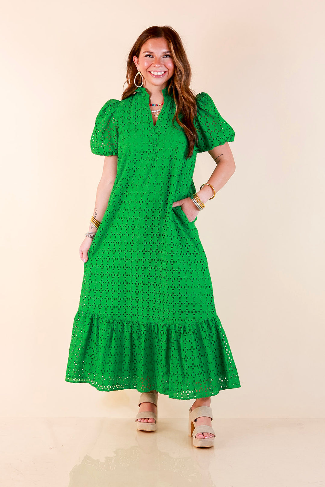 Meet Me at Sunset Eyelet Lace Puff Sleeve Tiered Maxi Dress in Kelly Green