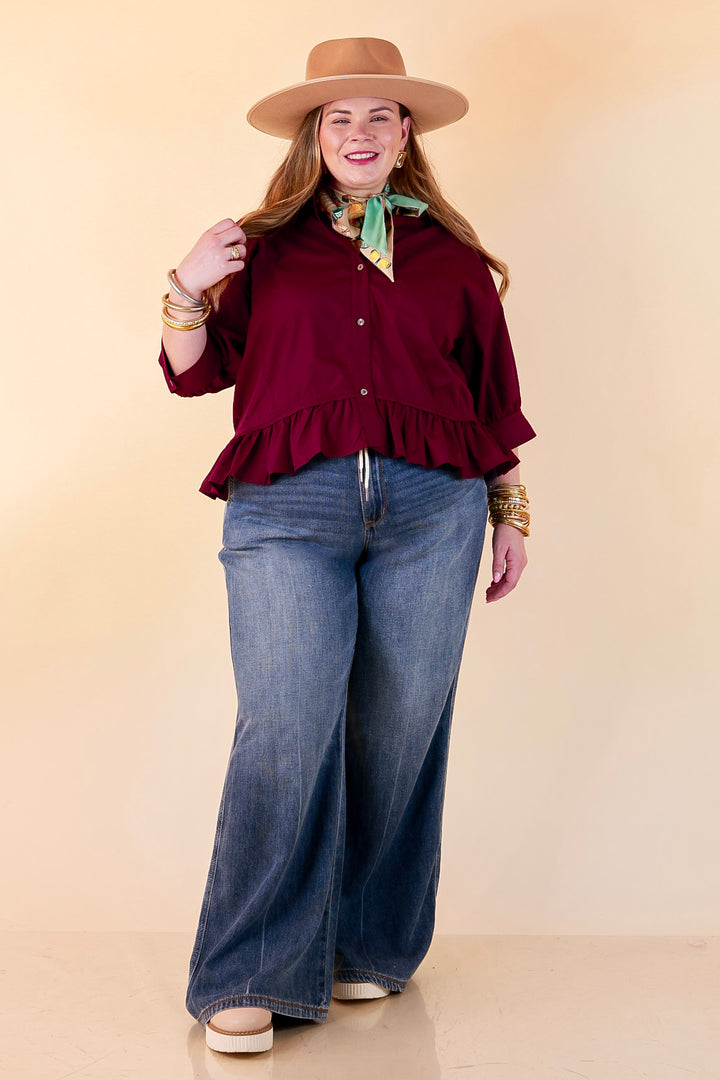 Style Agenda Solid Button Down Peplum Top in Maroon