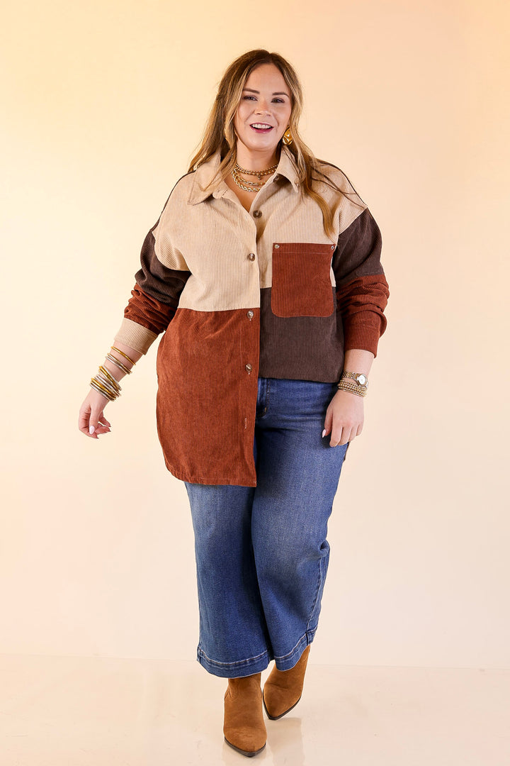 Casual Cuddles Color Block Corduroy Shacket in Brown Mix
