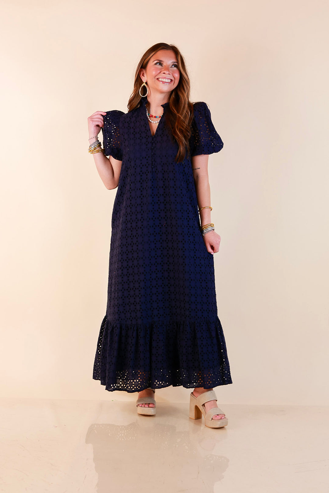 Meet Me at Sunset Eyelet Lace Puff Sleeve Tiered Maxi Dress in Navy Blue