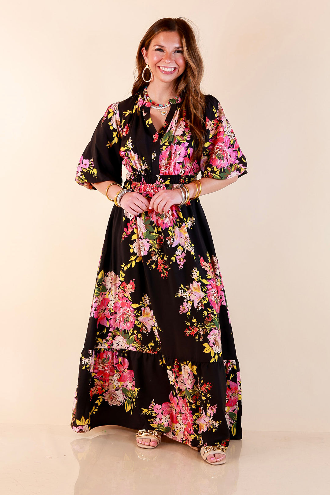 Reserved for Brunch Puff Sleeve Smocked Waist Floral Maxi Dress in Black Multi