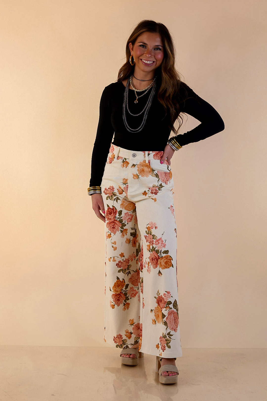 The Best Cropped Wide Leg Vintage Rose Floral Print Jeans in Ivory