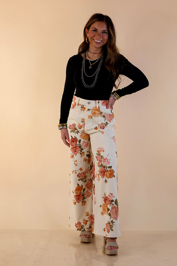 The Best Cropped Wide Leg Vintage Rose Floral Print Jeans in Ivory