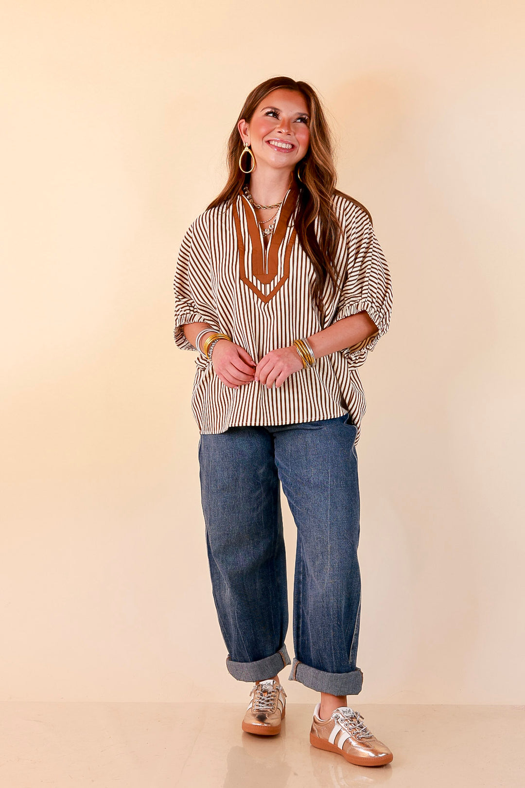 Naturally Stylish Stripe Top with Contrast Stripe Trim and Short Dolman Sleeves in Camel Brown