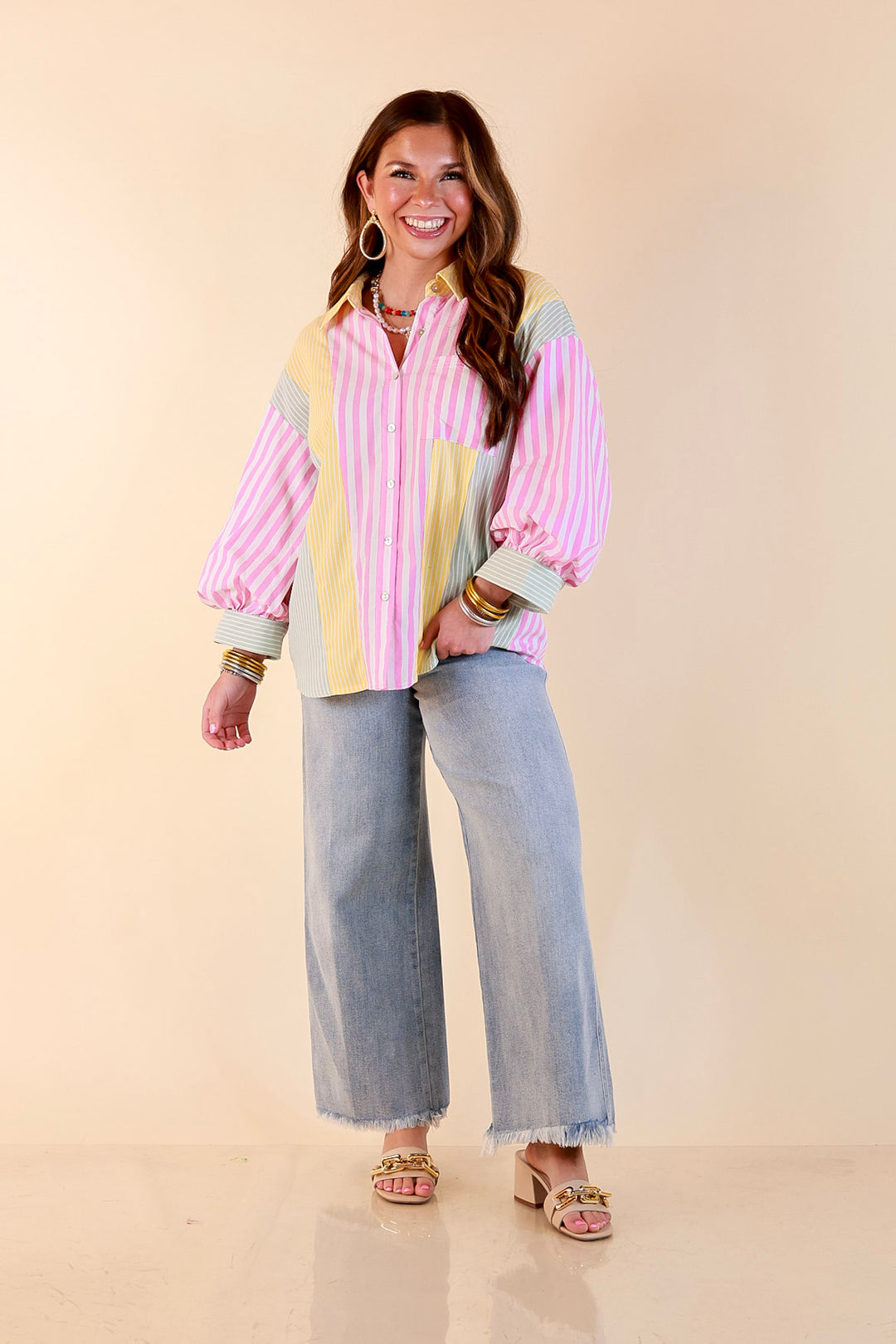 Lovely Impression Colorblock Stripe Button Front Top with Balloon Sleeves in Pink, Yellow and Green