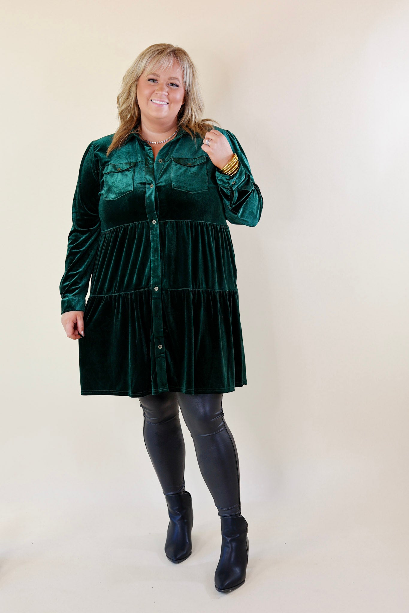 Grateful Gathering Velvet Button Up Dress with Long Sleeves in Emerald Green - Giddy Up Glamour Boutique