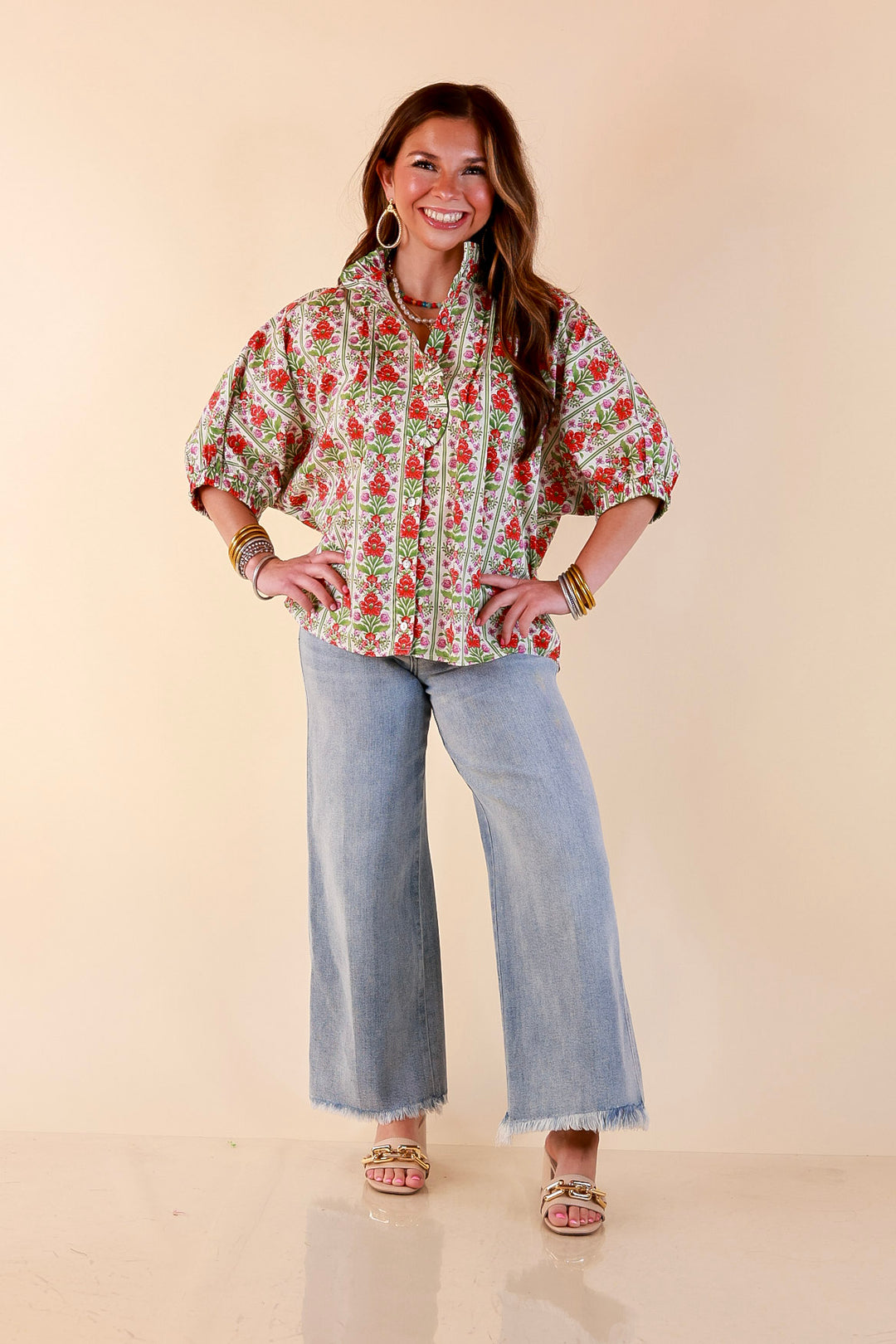 Charming Details Floral Print Button Front Dolman Top with Ruffle Collar in Ivory
