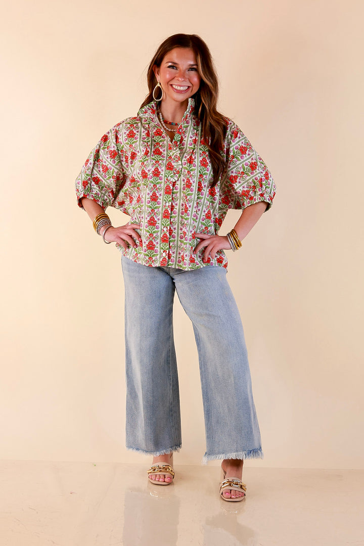 Charming Details Floral Print Button Front Dolman Top with Ruffle Collar in Ivory