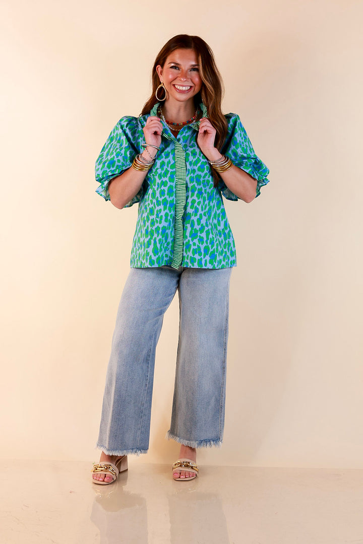 Catch the Compliments Puff Sleeve Ruffle Trim Leopard Print Statement Top in Green and Blue